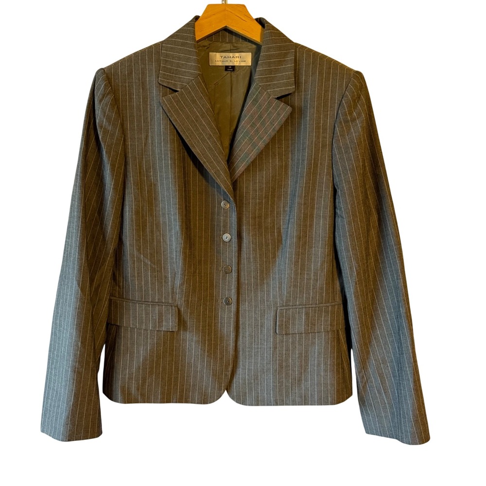 Tahari Arthur S Levine Women's Gray Pinstripe Blazer Jacket Size 14, Academia